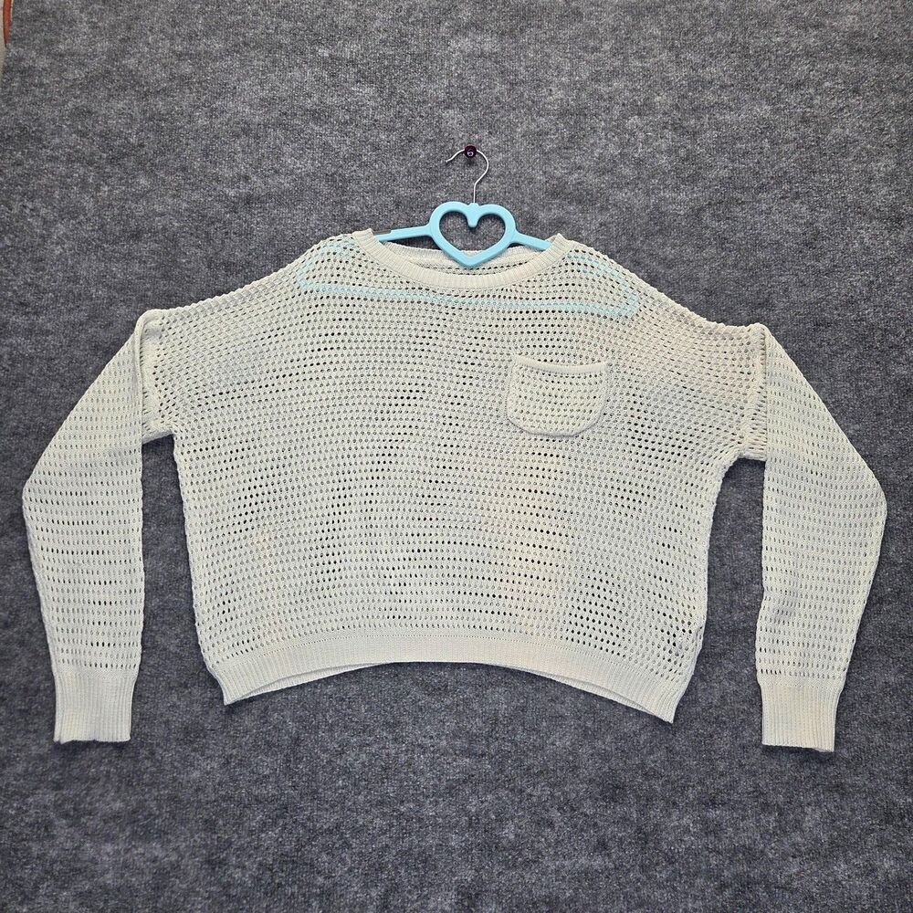 Sweater Womens Large White Open Knit Sheer Pocket Crewneck Pullover Tie-Dye